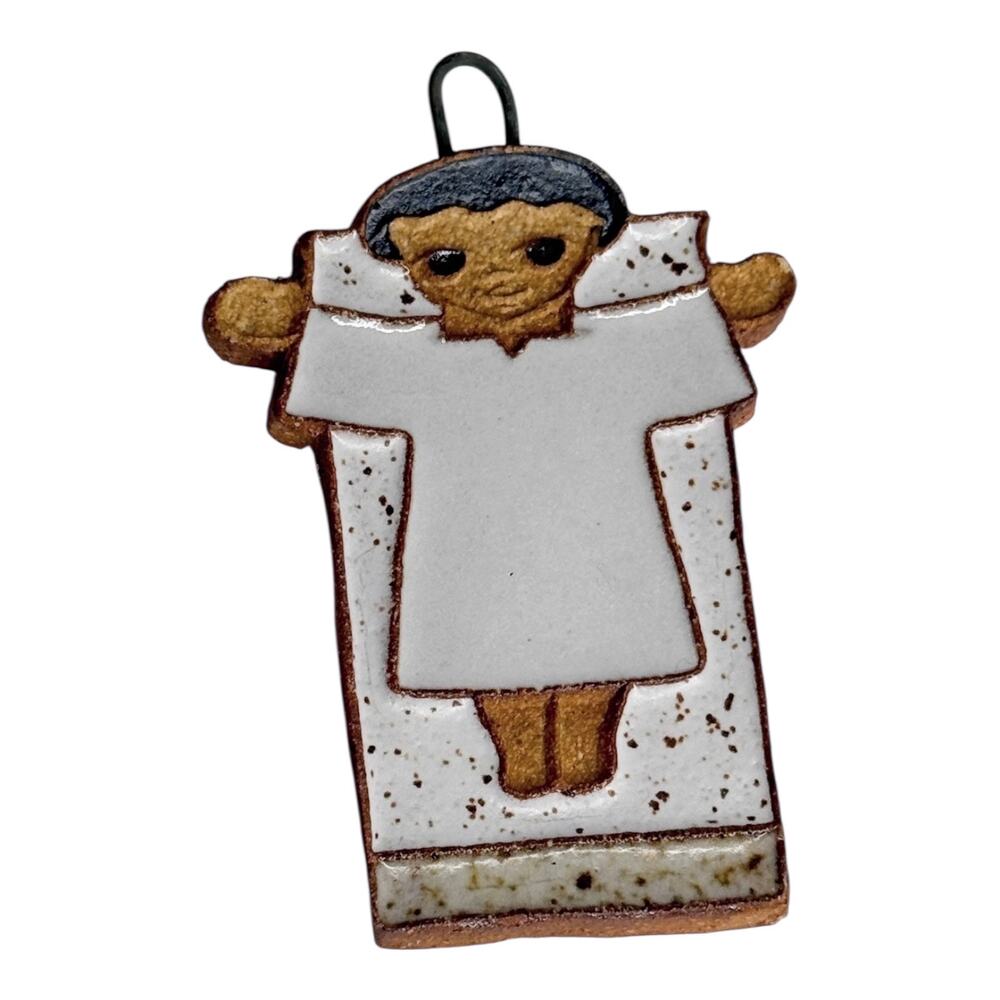 Ceramic Crucifix Jesus Ornament Glazed Speckled Pottery Hanging Decor 3.25" Vtg